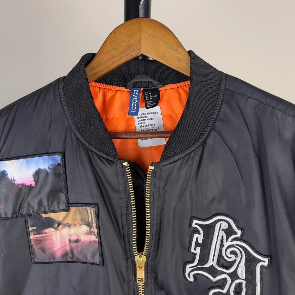 HM Divided Mens LA Patch Bomber Jacket Black Orange Lining Medium Streetwear MA1